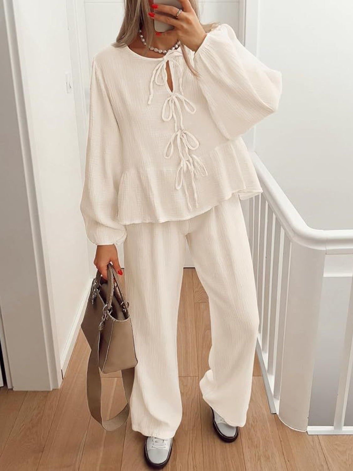 Tie Neck Balloon Sleeve Top and Pants Set