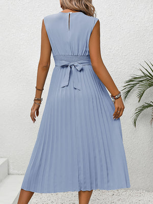 Perfee Pleated Round Neck Cap Sleeve Dress