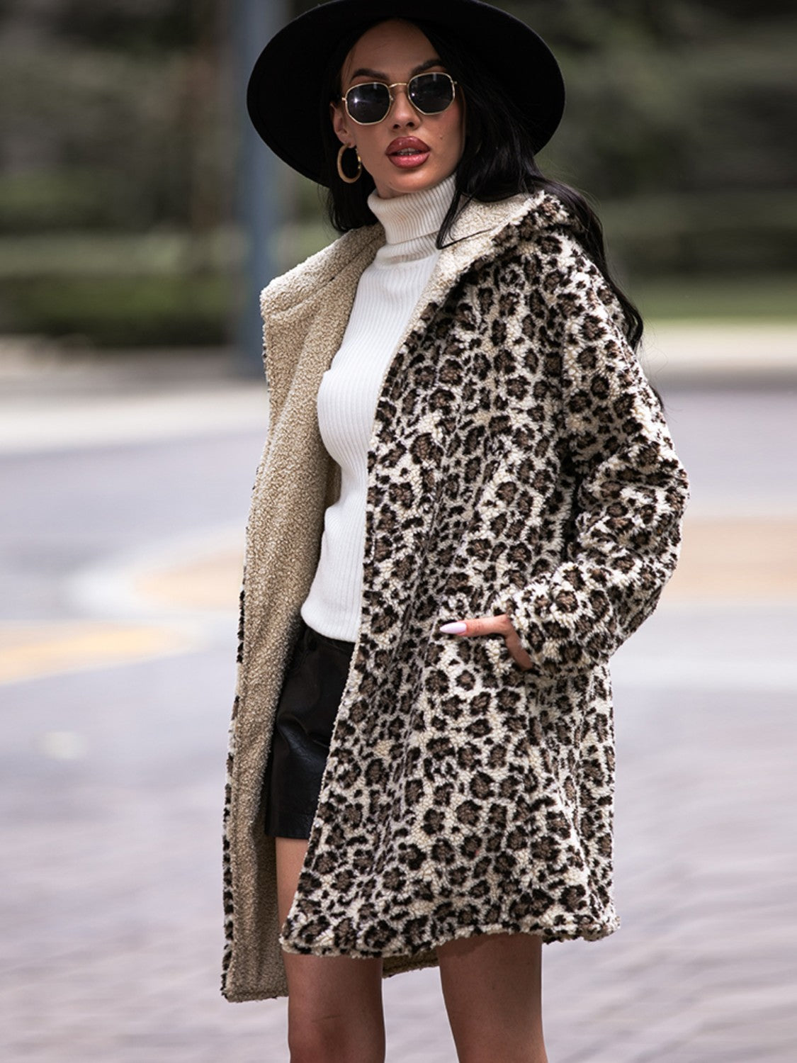 Shiny Leopard Hooded Coat with Pockets