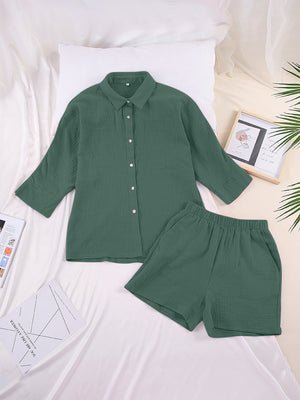 Texture Button Up Shirt and Shorts Set