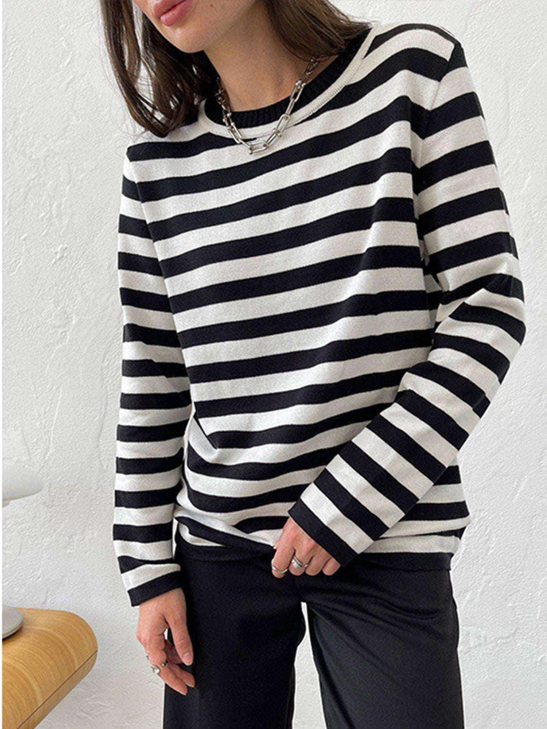 Striped Round Neck Long Sleeve Sweater