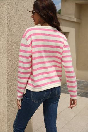 Striped Round Neck Button-Down Dropped Shoulder Cardigan