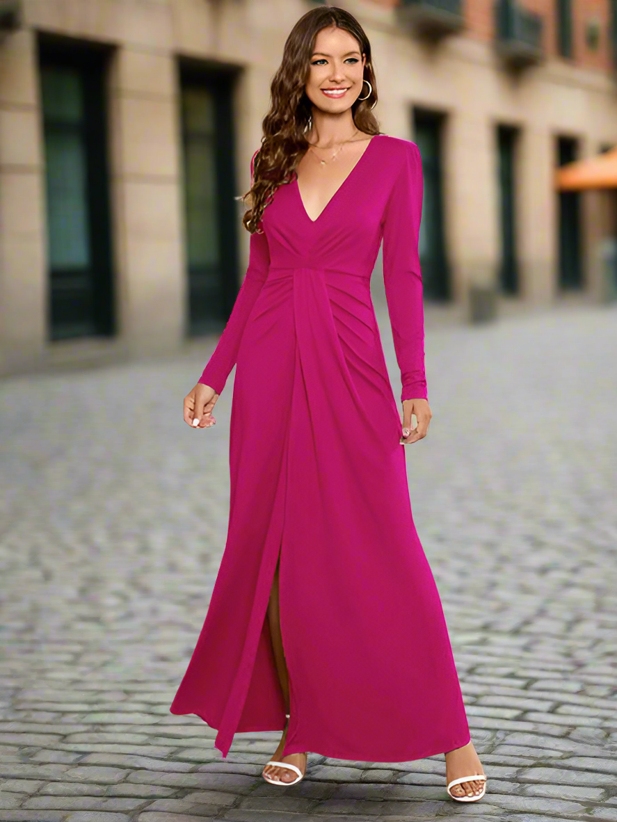 V-Neck Long Sleeve Split Dress