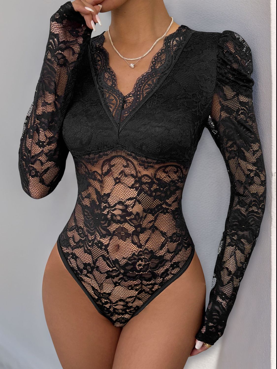 Perfee Lace V-Neck Long Sleeve Bodysuit