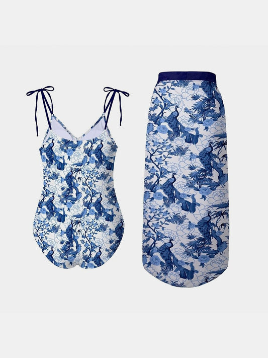 FAM-FAM Printed Tie Shoulder Swimwear and Skirt Swim Set