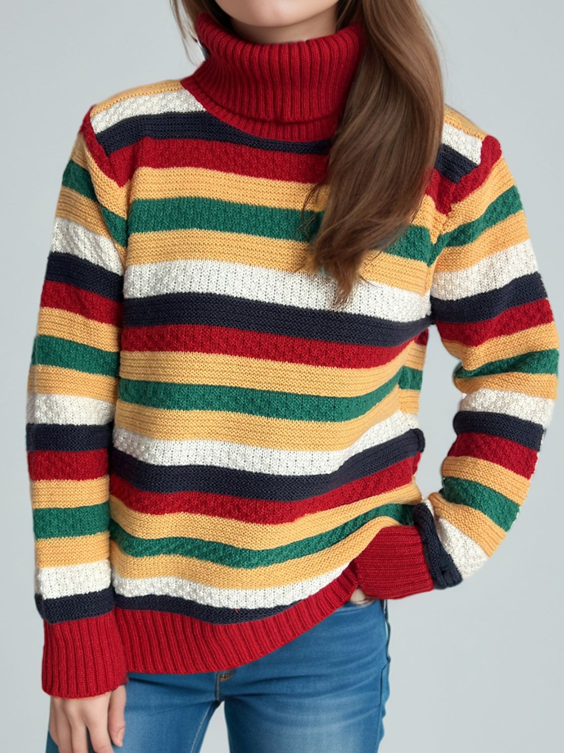 Contrast Stripes Turtleneck Long Sleeve Sweater