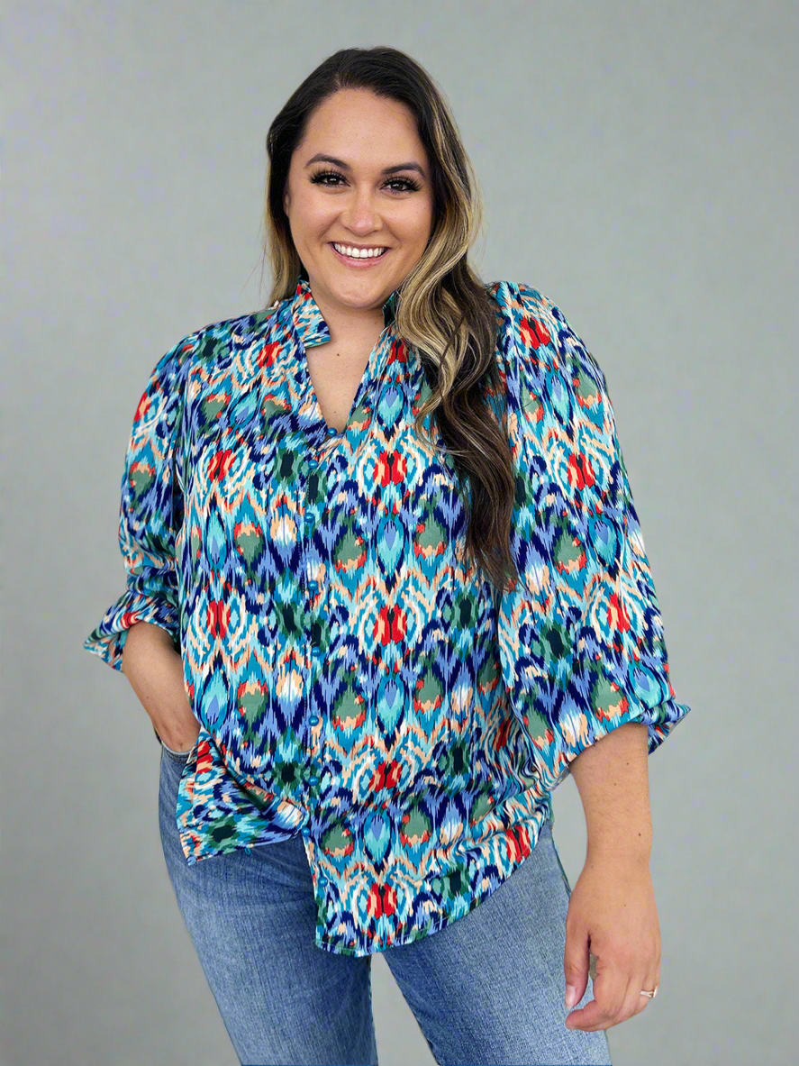 Double Take Full Size Printed Balloon Sleeve Blouse