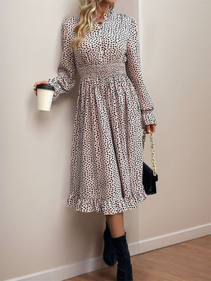 Perfee Ruched Ruffled Leopard Long Sleeve Dress