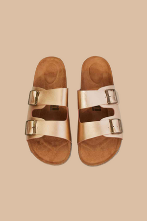 MMShoes Best Life Double-Banded Slide Sandal in Gold | Birkenstock Inspo