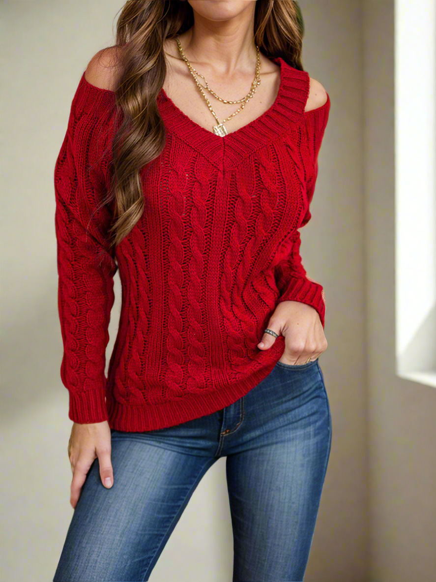 Honey Cable-Knit V-Neck Cold Shoulder Sweater