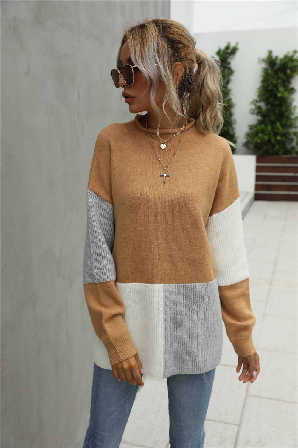 Color Block Round Neck Dropped Shoulder Sweater