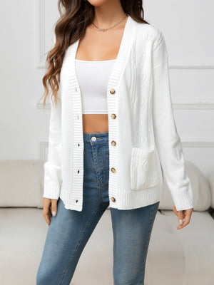 V-Neck Long Sleeve Buttoned Knit Top with Pocket