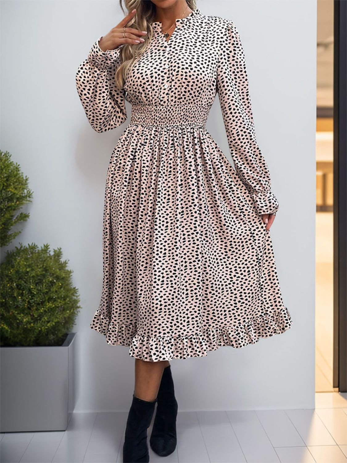 Perfee Ruched Ruffled Leopard Long Sleeve Dress