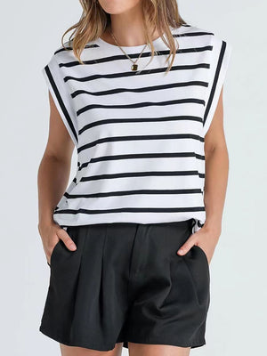 Striped Round Neck Cap Sleeve T-Shirt