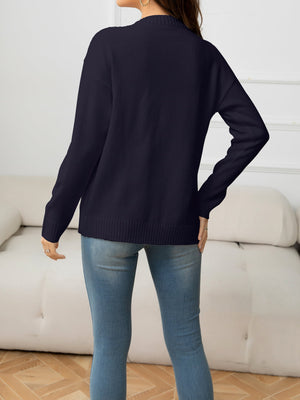 V-Neck Long Sleeve Buttoned Knit Top with Pocket