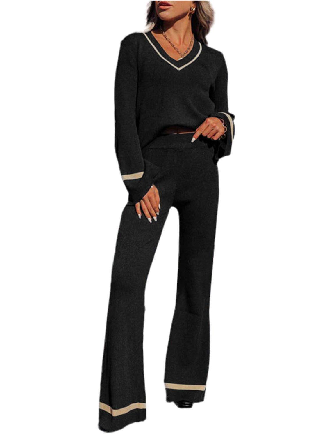 Perfee V-Neck Long Sleeve Top and Pants Set