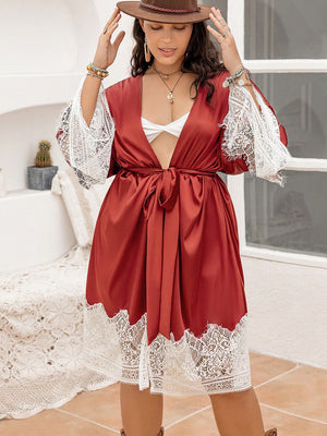 Plus Size Lace Patchwork Tie Front Robe