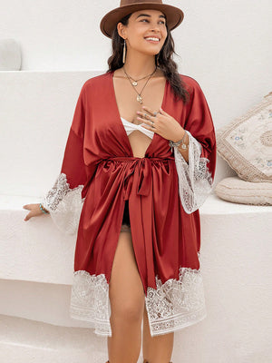 Plus Size Lace Patchwork Tie Front Robe