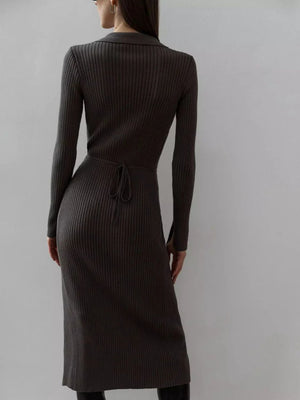 Tied Collared Neck Long Sleeve Sweater Dress