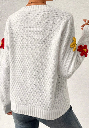 Crochet Flower Round Neck Long Sleeve Sweater