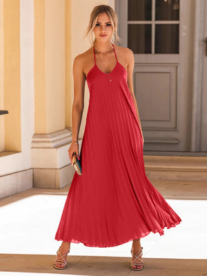 Backless Pleated Halter Neck Dress