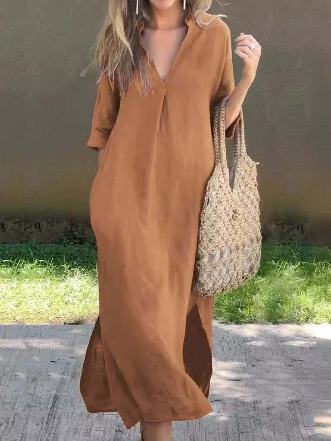 Full Size Notched Half Sleeve Midi Dress