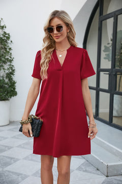 Notched Puff Sleeve Shift Dress