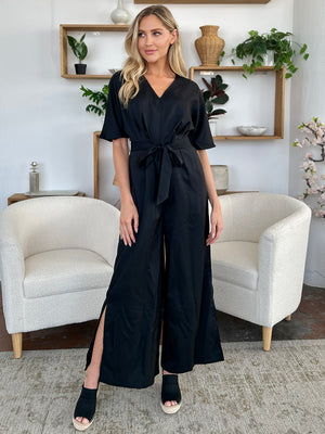 Double Take Full Size V-Neck Tied Side Slit Jumpsuit