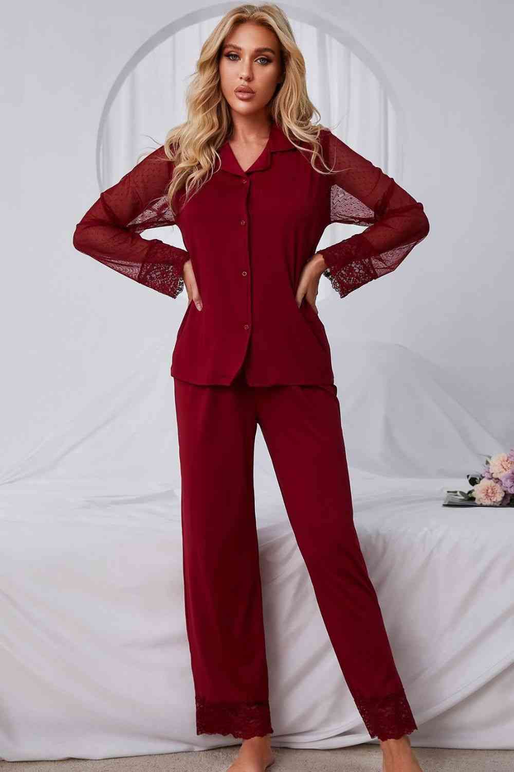 Spliced Lace Lapel Collar Pajama Set - WAZKA