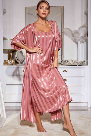 Striped Flounce Sleeve Open Front Robe and Cami Dress Set - WAZKA