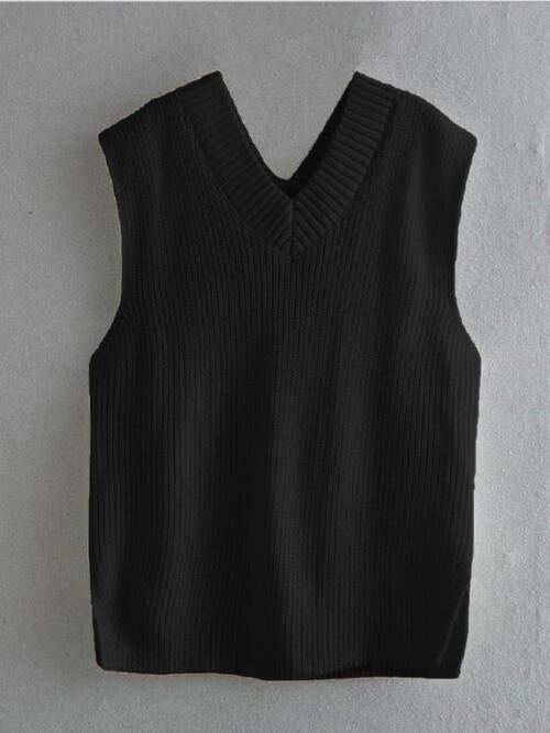 Ribbed V-Neck Sleeveless Sweater Vest - WAZKA