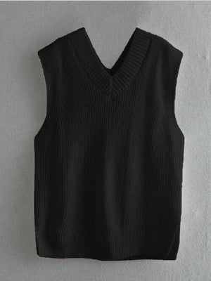 Ribbed V-Neck Sleeveless Sweater Vest - WAZKA