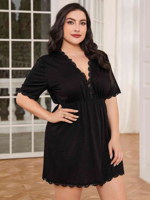 Plus Size Lace Trim Deep V Night Dress - WAZKA