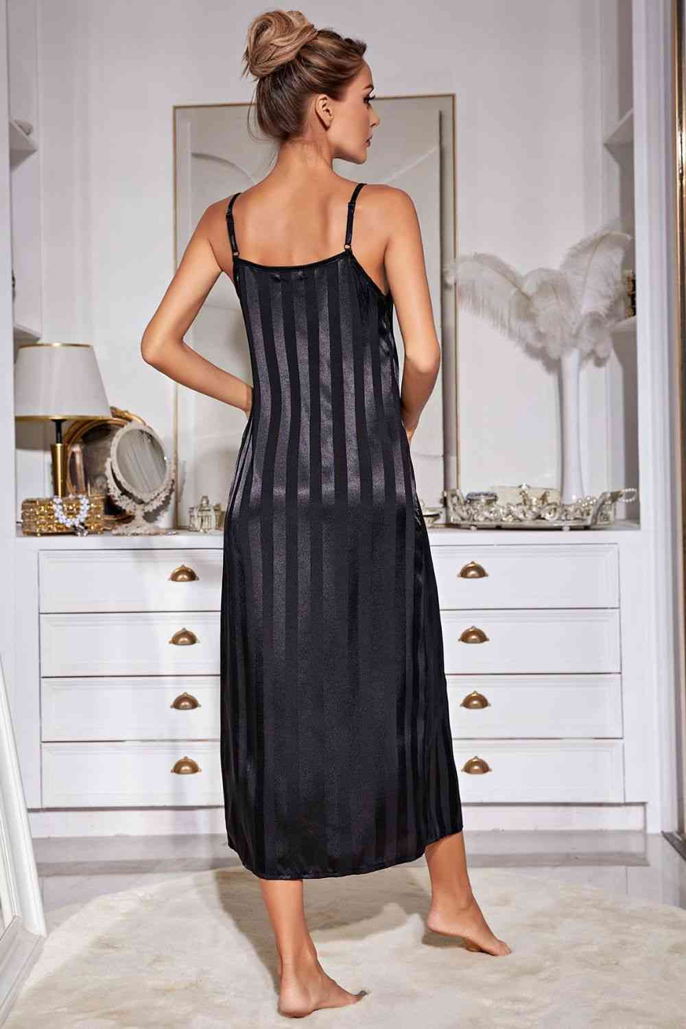 Striped Flounce Sleeve Open Front Robe and Cami Dress Set - WAZKA