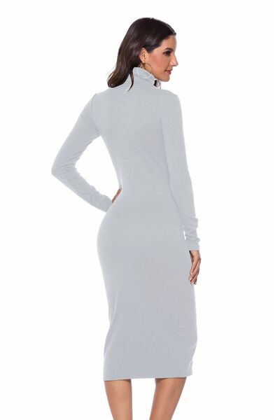 Ribbed Turtleneck Long Sleeve Dress - WAZKA