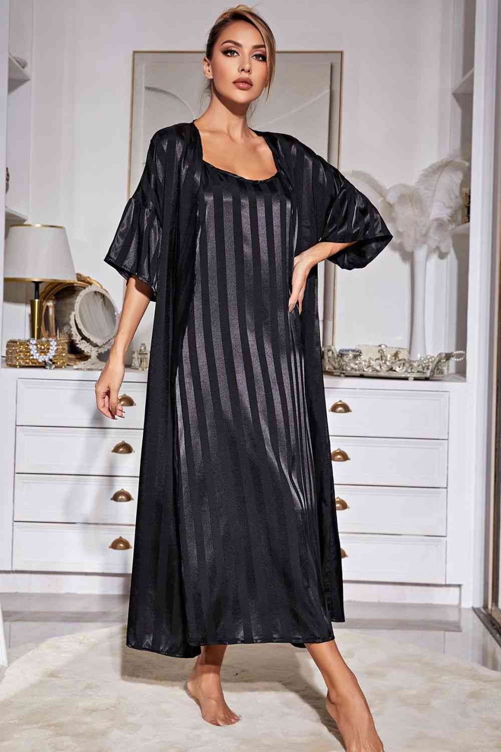 Striped Flounce Sleeve Open Front Robe and Cami Dress Set - WAZKA