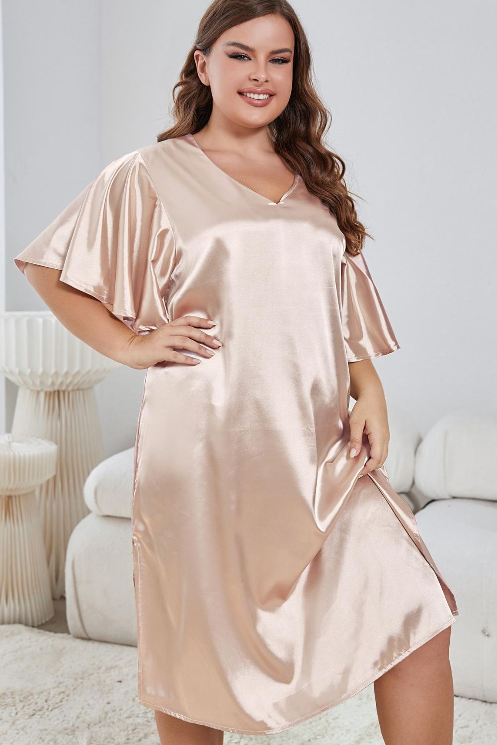 Plus Size Flutter Sleeve V-Neck Side Slit Night Gown - WAZKA