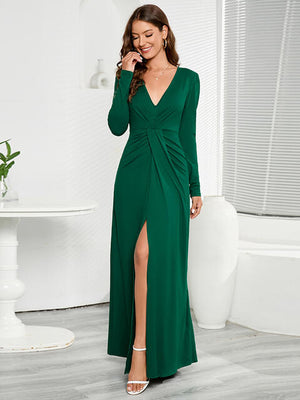 V-Neck Long Sleeve Split Dress - WAZKA