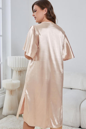 Plus Size Flutter Sleeve V-Neck Side Slit Night Gown - WAZKA