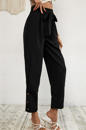 Buttoned Tie-Waist Cropped Pants - WAZKA