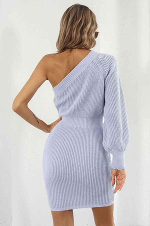 One Shoulder Raglan Sleeve Pencil Sweater Dress - WAZKA