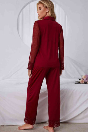 Spliced Lace Lapel Collar Pajama Set - WAZKA