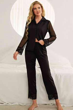 Spliced Lace Lapel Collar Pajama Set - WAZKA