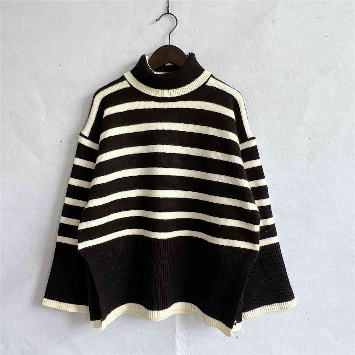 Striped Turtleneck Flare Sleeve Sweater - WAZKA