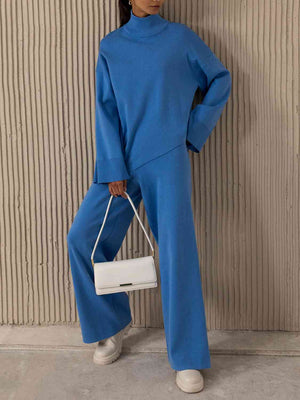 Asymmetrical Hem Knit Top and Pants Set - WAZKA