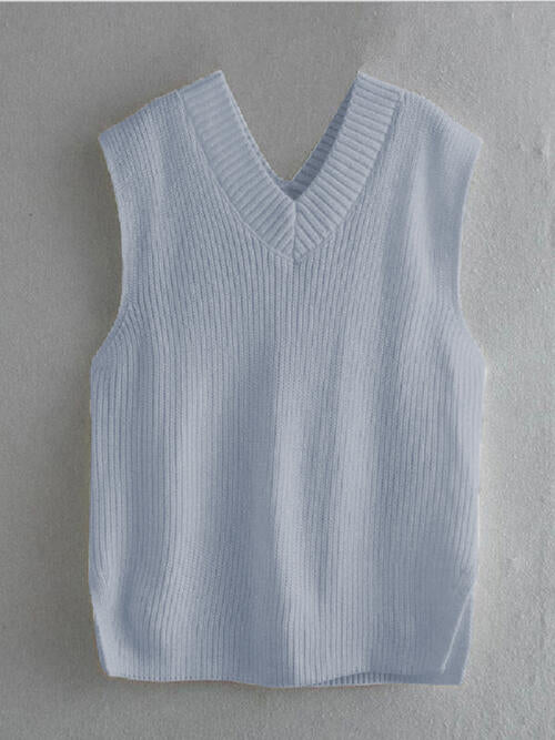 Ribbed V-Neck Sleeveless Sweater Vest - WAZKA