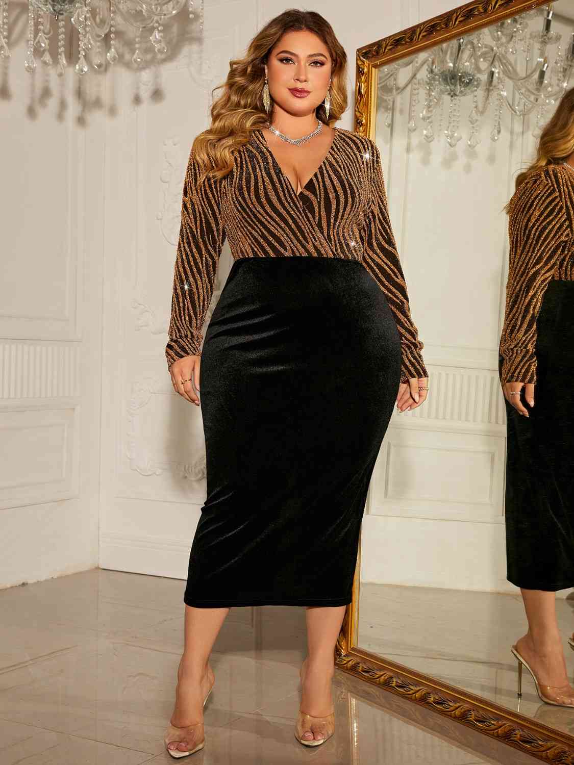 Plus Size Surplice Neck Long Sleeve Slit Dress - WAZKA