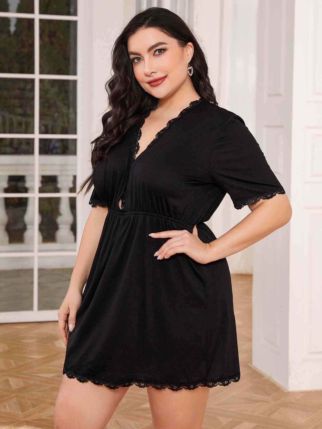 Plus Size Lace Trim Deep V Night Dress - WAZKA