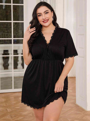 Plus Size Lace Trim Deep V Night Dress - WAZKA