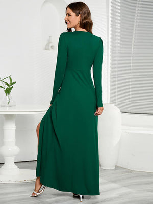 V-Neck Long Sleeve Split Dress - WAZKA